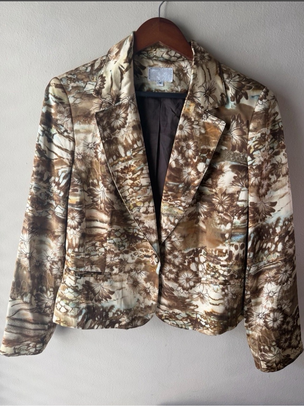 Vintage Alberto Makali Brown Floral Print Women's Blazer 100% silk Made in USA